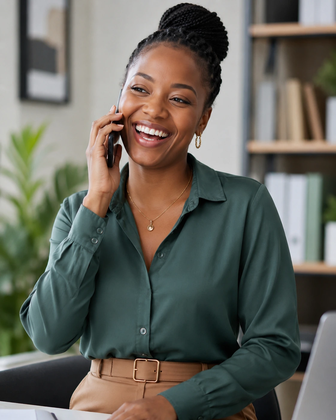Satisfied African female client on a call